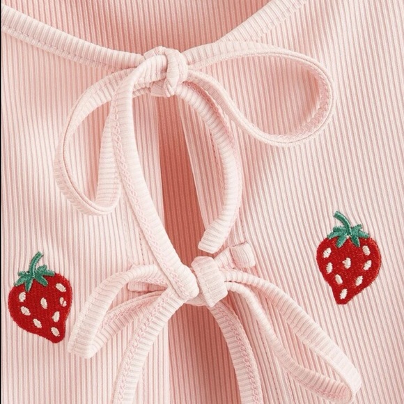 Baby Pink Strawberry Embroidered Cropped Self-Tie Cami NWOT - Picture 3 of 12